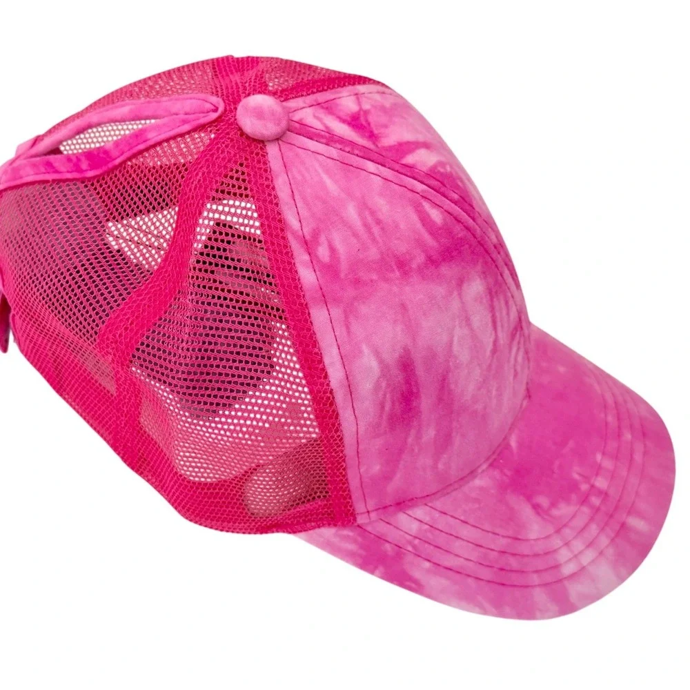 C.C Exclusives Hot Pink Tie Dye Ponytail Mesh Trucker Hat Ball Cap Adjustable